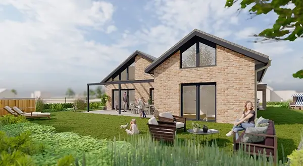 3D-Ansicht Ferienhaus Familienglück mit großen Fenstern, Terrasse und Garten mit Sitzmöglichkeiten
